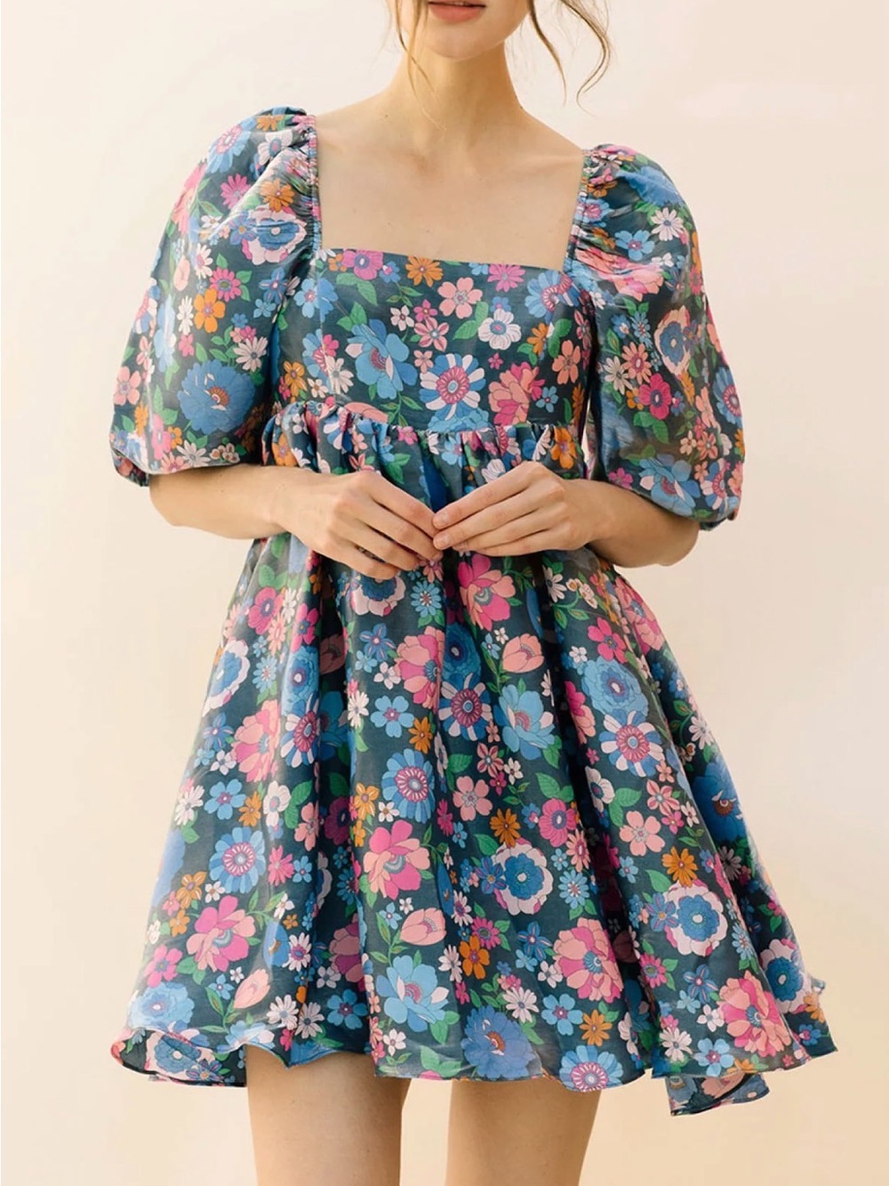 Storia Floral Mini Dress - Navy with Pink & Green Accents
